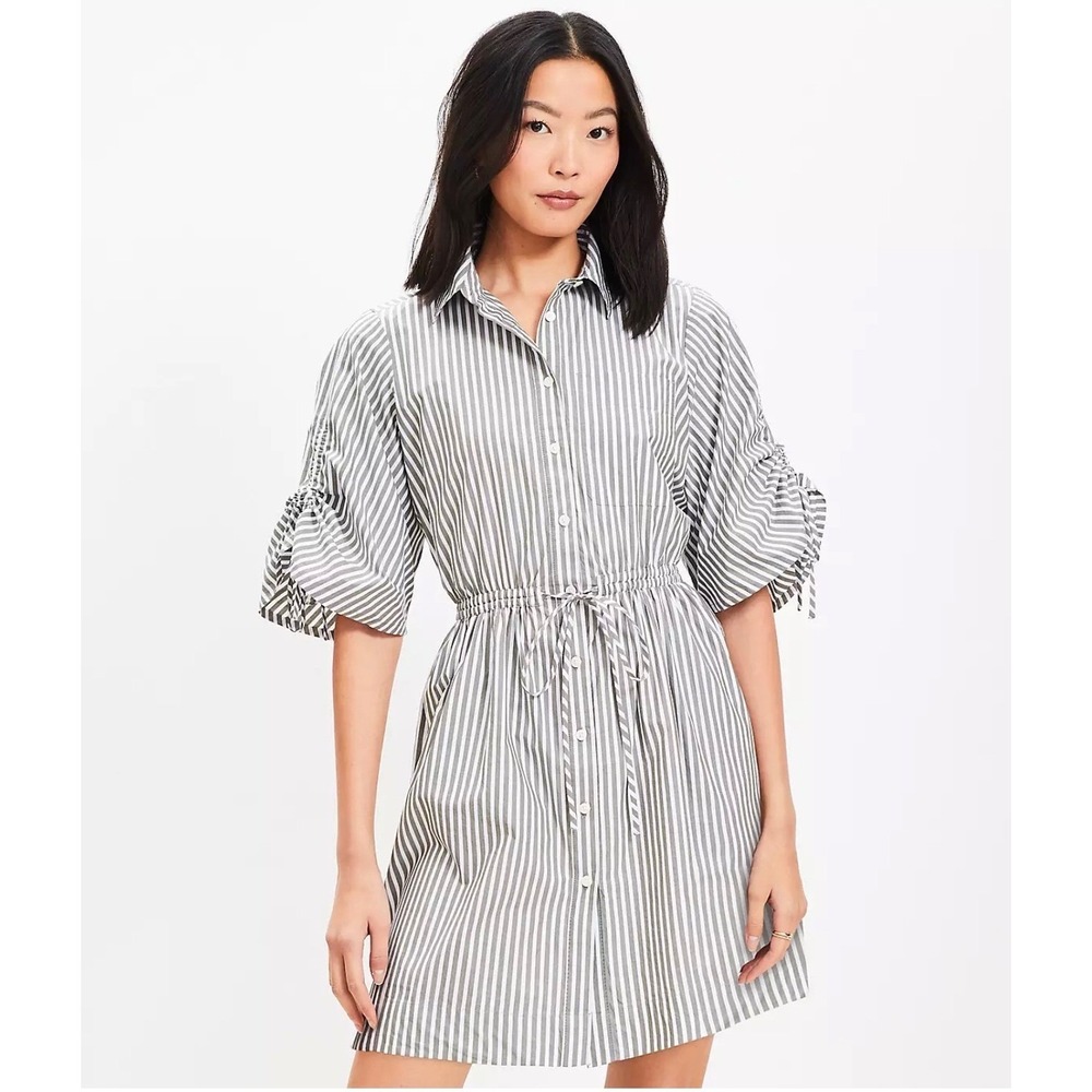 LOFT Green/Gray White Stripe Button Front Puff Sleeve Shirt Dress Summer Sz 10